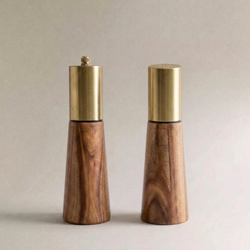 Acacia Wood Mill & Shaker Set | Brass Detail