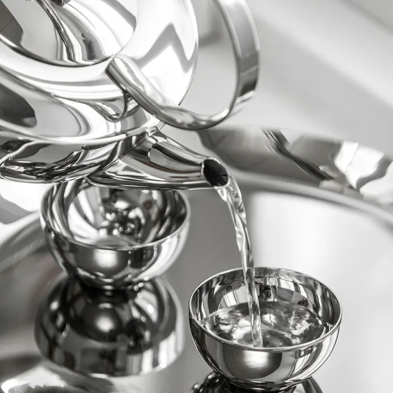 Stainless Steel Tea Set – Teapot, Cups & Tray - Petal Collection — image 5