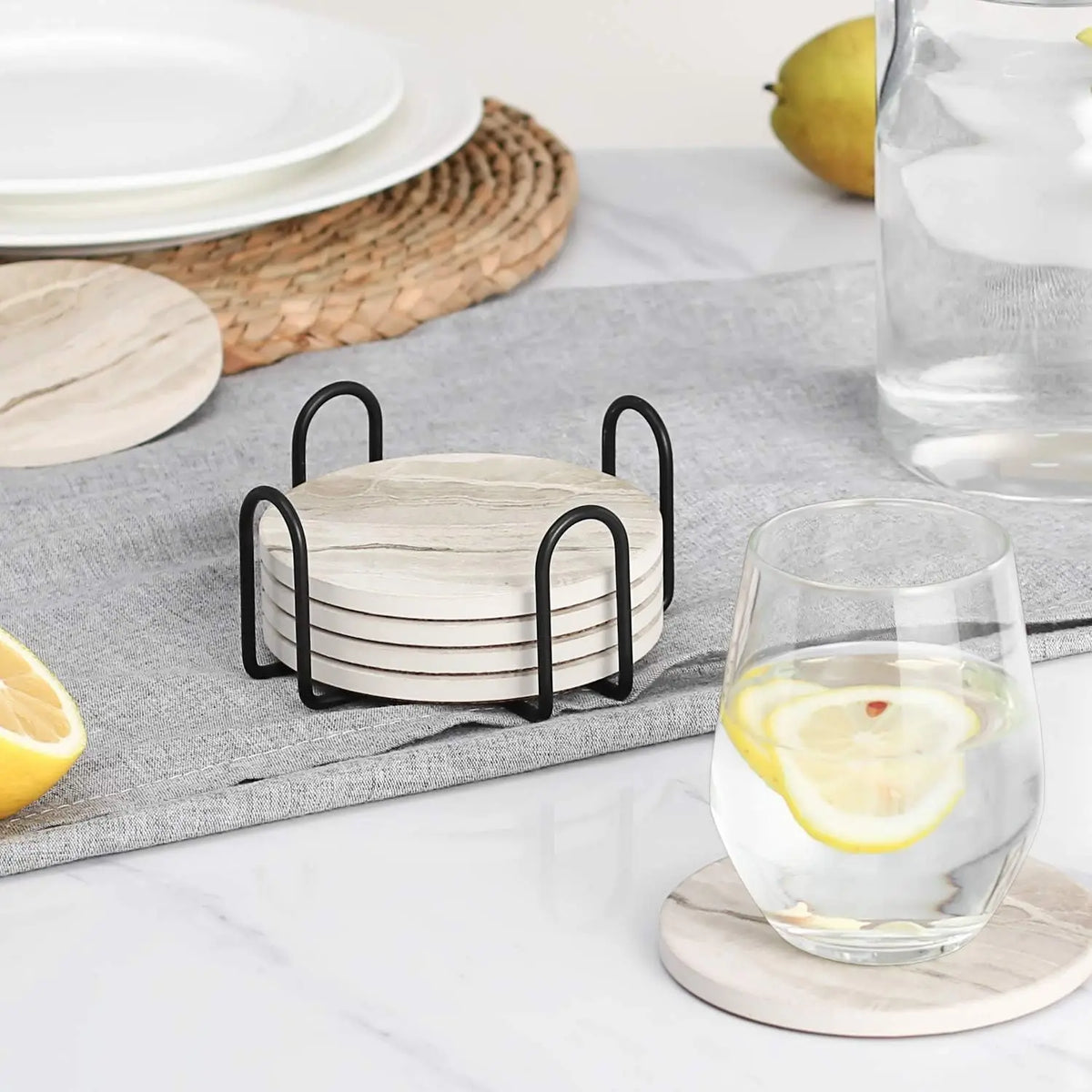 Marble Effect Ceramic Coaster Set – 6pcs with Holder, 10.2cm Drink Coasters for Table Protection