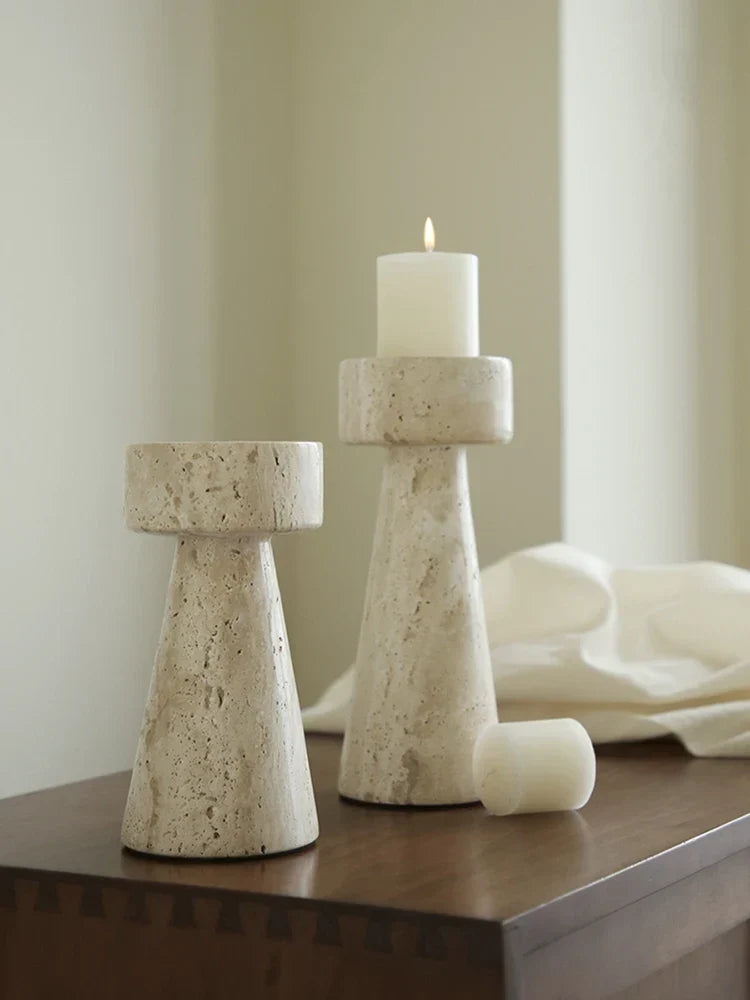 Minimalist Marble Candle Holder – Travertine Stone Taper Candlestick
